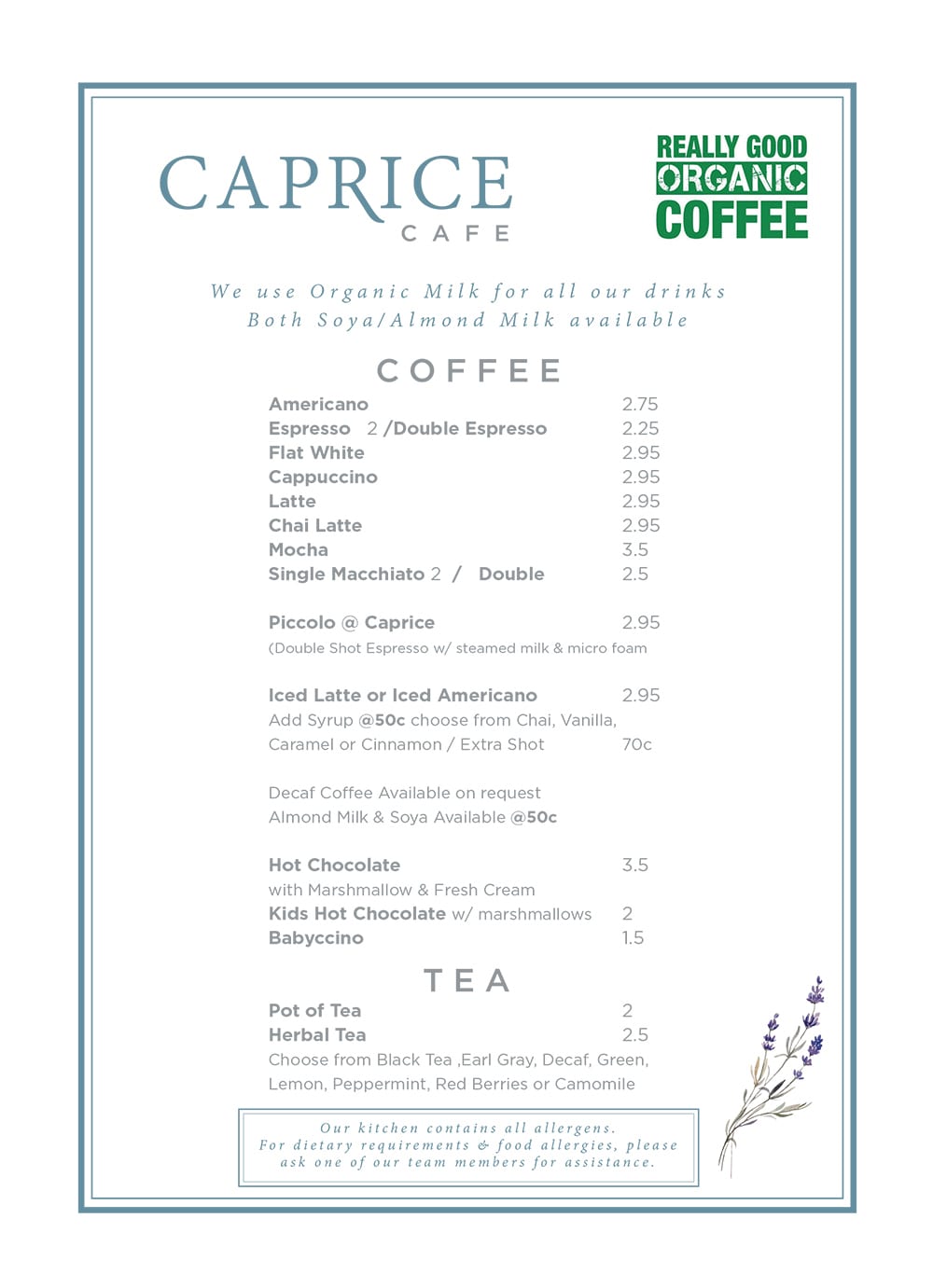 Coffeeandteamenu Caprice Café