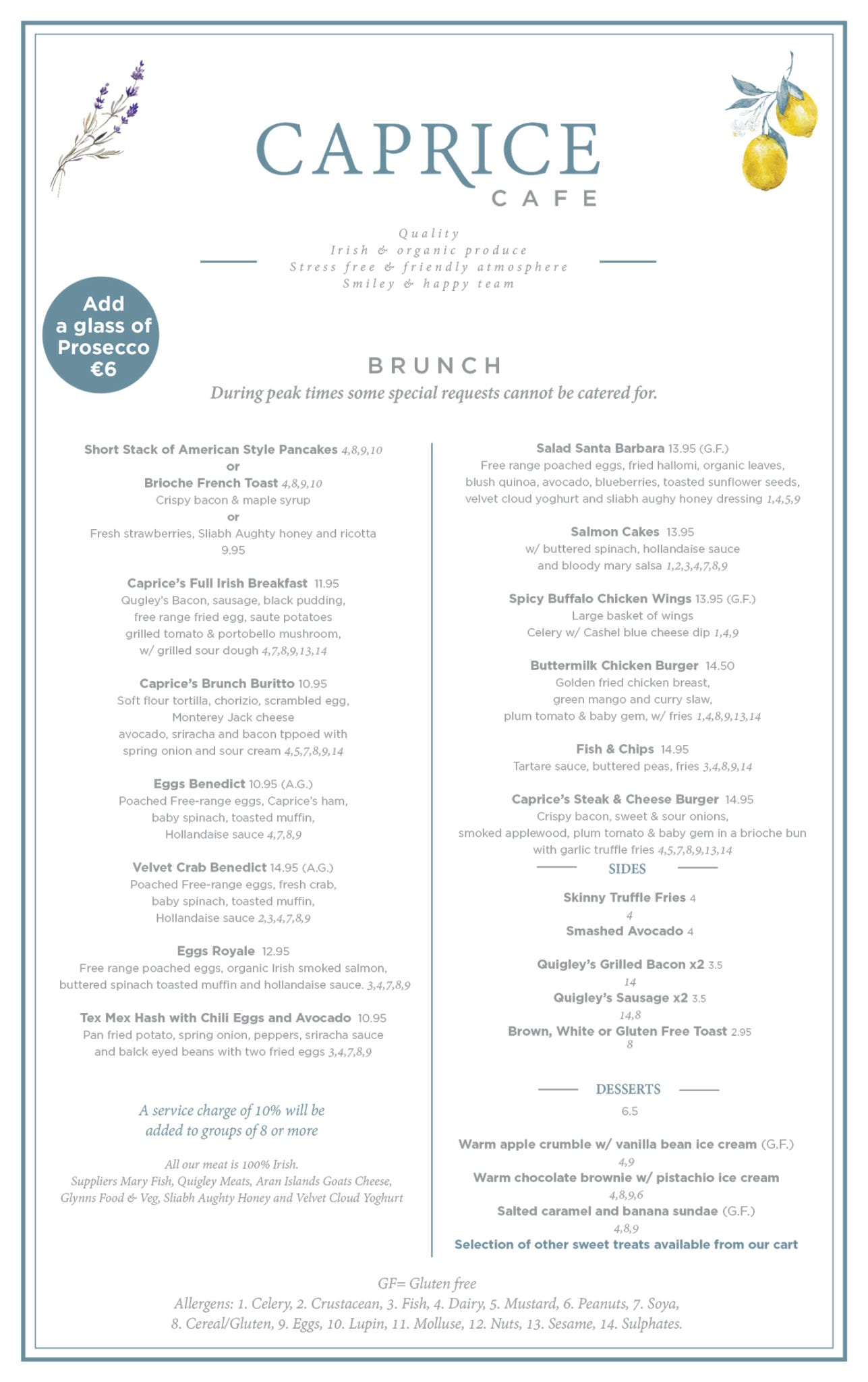 Brunch Menu Caprice Café