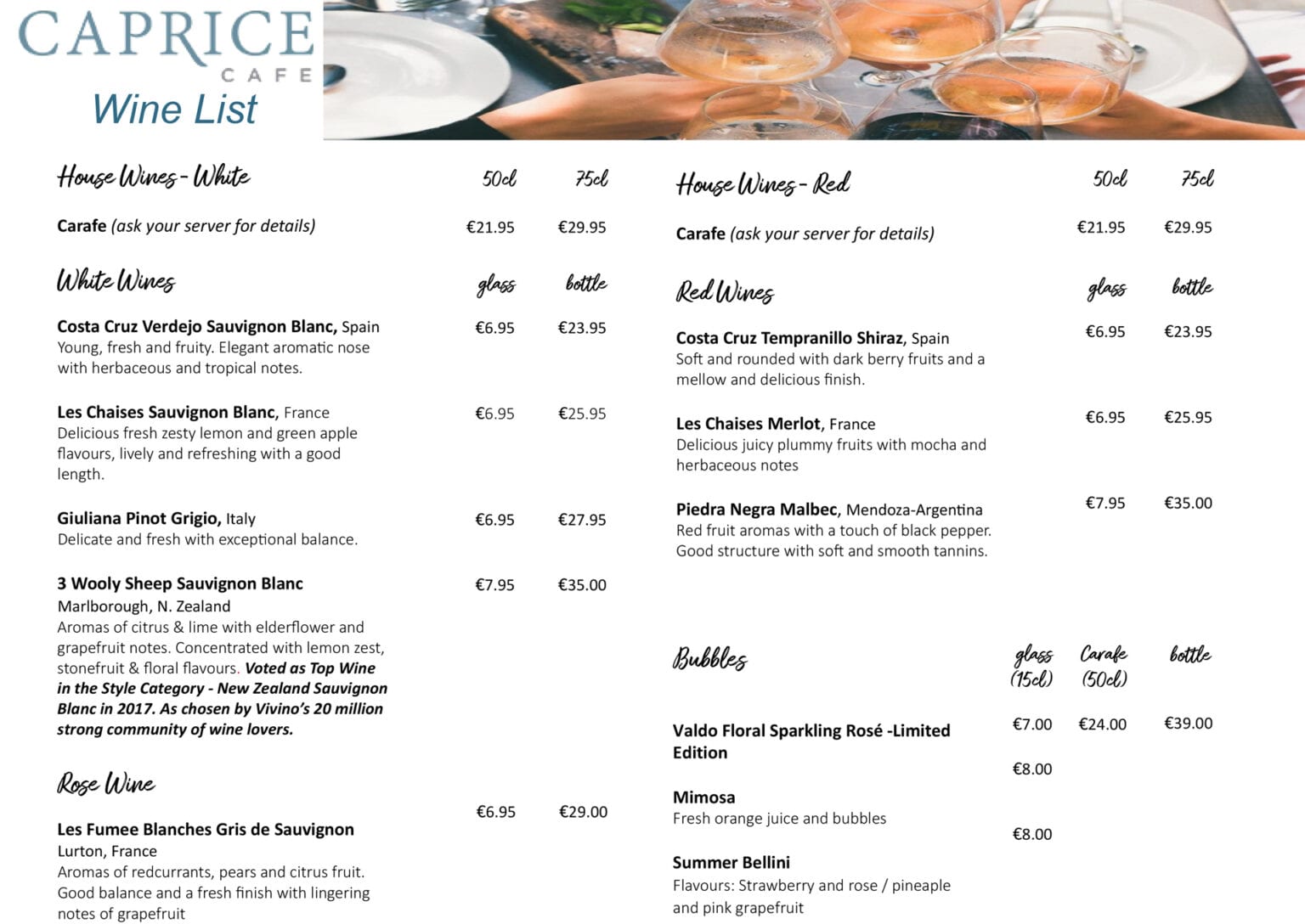 Wine Menu Caprice Café